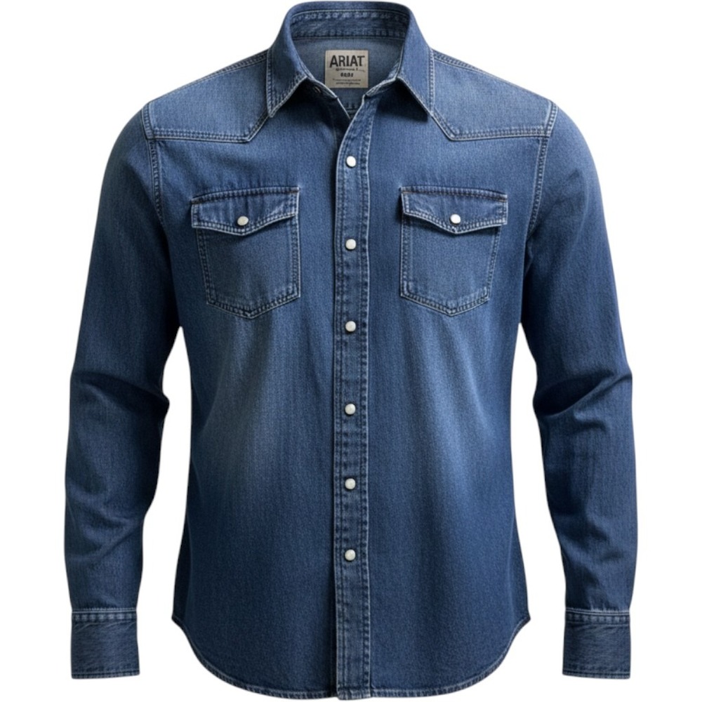 Ariat Denim Shirt Mens Medium Blue Retro Fit Pearl Snap Western Cowboy Rugged